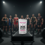 A white pouch of NOSE BLEACH by Obsidian Ammonia is displayed on a black bench in a dark gym, with a group of athletes standing blurred in the background under spotlights.